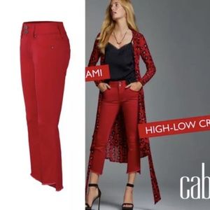 Cabi 5692 Hi-Low Crop Red Stretchy Raw Hem Jeans